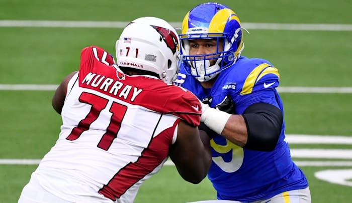 Justin Murray (71) blocks Los Angeles Rams defensive tackle Aaron Donald as a starter for the Arizona Cardinals back in January of 2021. (USA TODAY Sports)